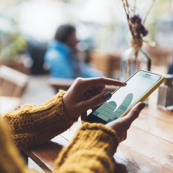 girl hold in hand empty screen mobile phone, person type message girl hold in hand empty screen mobile phone, person type message